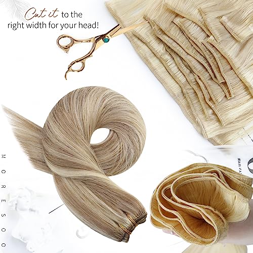 Moresoo Weft Hair Extensions 20 Inch Light Brown Highlighted Platinum Blonde Sew in Double Weft Human Hair Extensions Remy Straight Hair for Women 100g/Pack #P9A/60 - Image 4