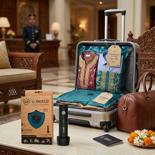 Image of Lavatelli Vac-u-Shield Vacuum bags for clothes, cabin luggage organizer & travel accessories. Premium space saver bag for travelling, anti-scratch. Medium 56x40 cm, Set of 2, Teal Blue