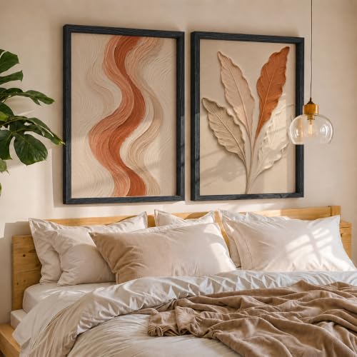 Image of NoWorries Textured Leaf Wall Painting Set of 2 with Frame | Terracotta Beige Abstract Line & Botanical Leaf Artwork, Modern Neutral Nature Wall Decor for Living Room, Bedroom, Office and Home Decoration (Art-12, 10x13inch)