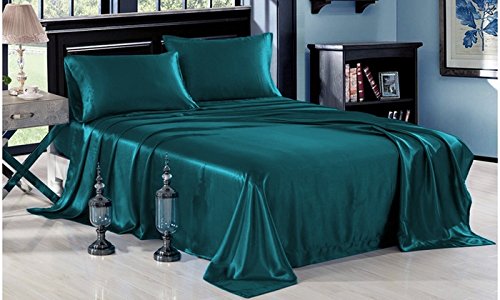 Taj Linens 100% Pure Silk Satin Sheet Set 7pcs, Silk Fitted Sheet 15'' Deep Pocket,Silk Flat Sheet,Silk Duvet Cover & Pillowcases Set !!! Queen, Teal