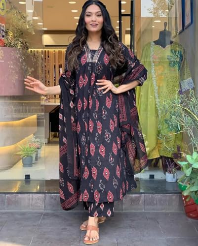 Image of Dress for Women | Anarkali Maxi Dresses | Three Piece | Embroidered Flared | Cotton Printed | with Pant and Dupatta | Long | Black