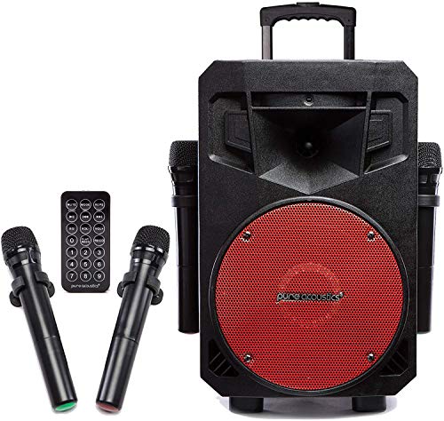 Pure Acoustics Wireless Portable Bluetooth PA Audio Speaker with 2 Wireless Microphones FM Radio Party Karaoke Machine Sound System MCP-75 Suono Soundstream Red
