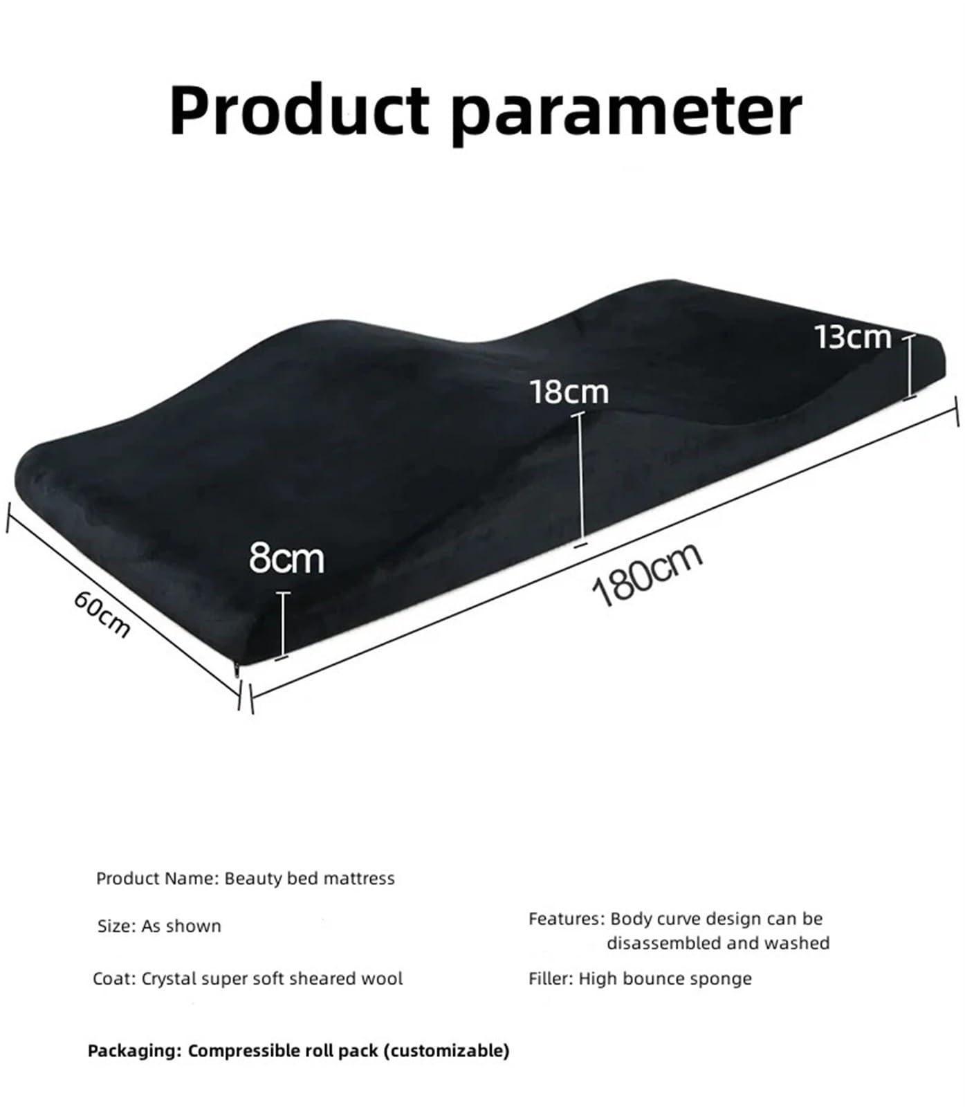 Matelas à Cils à Vagues IncurvéEs Matelas de lit à cils en mousse à mémoire de forme surmatelas incurvé matelas de lit à cils extension de cils lit beauté surmatelas à cils(Black,60cm width black)