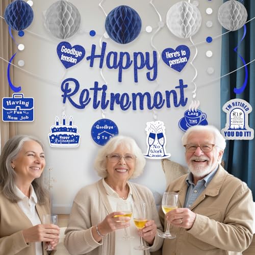 Image of Navy Blue Retirement Party Decorations, Pre-Strung Happy Retirements Banner with Honeycomb Balls, Hanging Swirls, Circle Dots Garland for Happy Retirement Decorations 21pcs