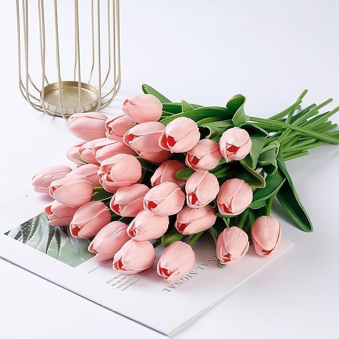 Image of Garden Art Artificial Tulip Flowers (Pack of 5) | Real Touch Silicone Single Stem Tulips for Home Decor, Living Room, Office, Vase & Wedding Decoration GAASTFB-1H-33BP (Baby Pink)