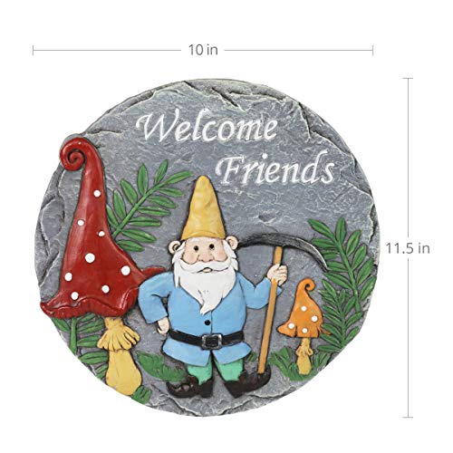 Exhart Stepping Stone, Welcome Friends Garden Stone Mining Gnome – Colorful Garden Stepping Stones for Pathway – Durable & Hand Painted Resin Outdoor Stepping Stone for Home & Garden Décor, 10”x11”