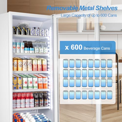 Image of Tylza Commercial Refrigerator with Glass Door Display Beverage Fridge, 360L Upright Beverage Cooler Merchandiser with Rebound Door, Fast Cooling, Low Noise, White