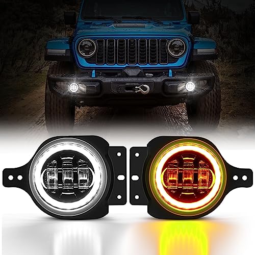 Auxbeam 4 Inch LED Fog Lights for Wrangler JL JLU Unlimited Sport Rubicon Sahara 2018-2023, 4 Inch Round Fog Lamps w/DRL & Amber Turn Signal 4" Round LED Fog Lights With Angel Eye