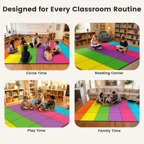 Image of Classroom Rug with 24 Seats- 7'6 inch x 13'1 inch Large Rectangle Carpet Squares for Elementary, Preschool, Daycare - Non Slip, Flame Retardant, Easy Clean Nylon Mat for Reading Circle & Playroom