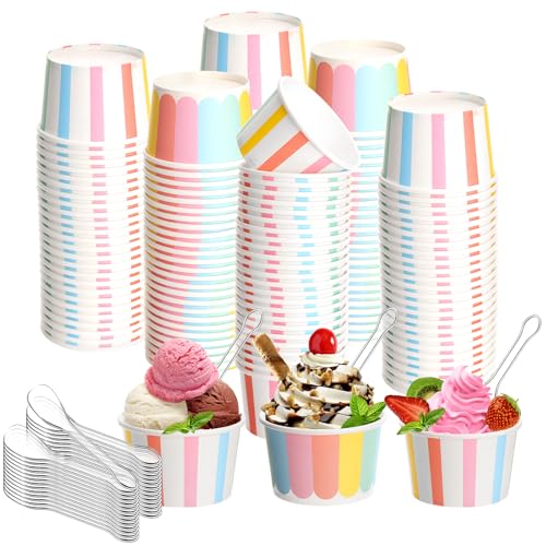 Image of Boao 100 Set 5 oz Ice Cream Cups with Spoons Disposable Paper Sundae Dessert Bowls Summer Party Supplies (Striped Style)
