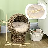 PawHut Rattan Katzenkorb Katzenhöhle Katzenhütte Katzenbett mit Kissen Haustierbett Wasserhyazinthe Kaffee 40 x 37 x 51 cm