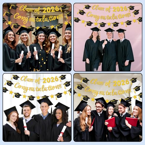 Image of Graduation Banner, Class of 2026 Pre-Strung Black Gold Glitter Banners Graduation Garland for Congratulation Graduations School Home Party Decorations