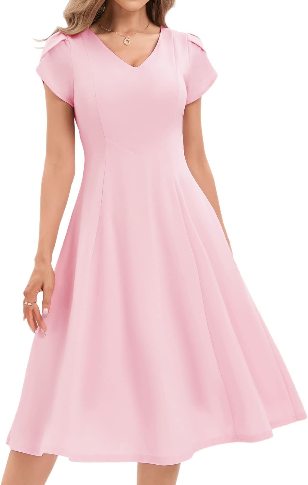 Midi Wedding Guest Dresses for Women Casual Party Dress Short Sleeves Cocktail Dresses A Line Business Work Dress