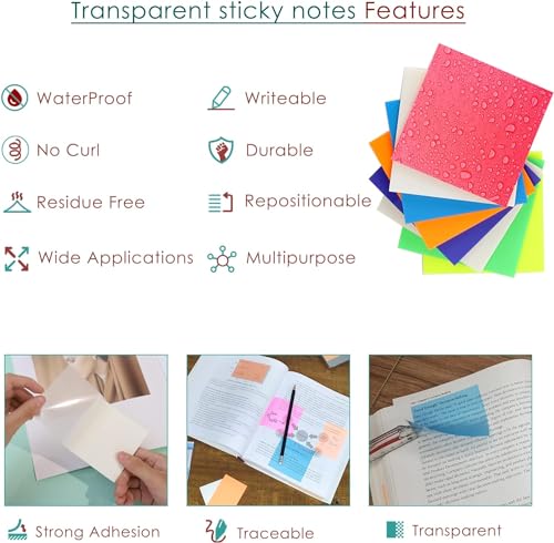 Image of OFIXO Transparent (100 Pcs Multicolor Color 3x3 Inch) Self-Adhesive Sticky Notes, OFIXO Clear See Through Post for Planner Office School College Teacher Student Supplies