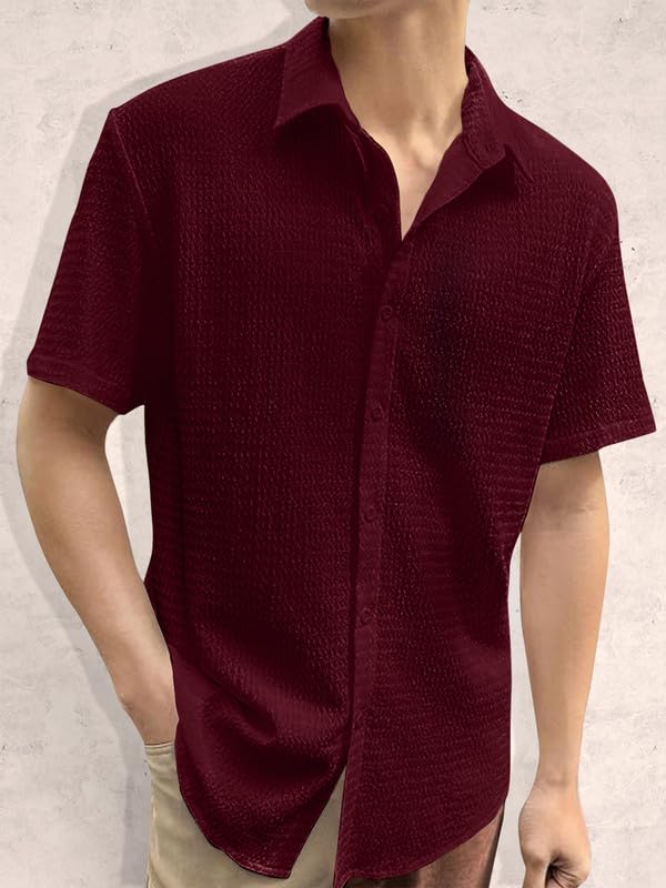 Image of Pinkmint Popcorn Shirt for Men Soild Slim Fit Sleeve Spread Collar Trendy Men Shirt Summer Wear Goa Wear Olive