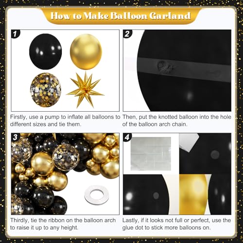 Black and Gold Balloon Garland Arch Kit, 140Pcs Black Gold Confetti Balloons with Stars for Birthday Graduation New Year Retirement Anniversary Wedding Engagement Party Decorations - Image 6