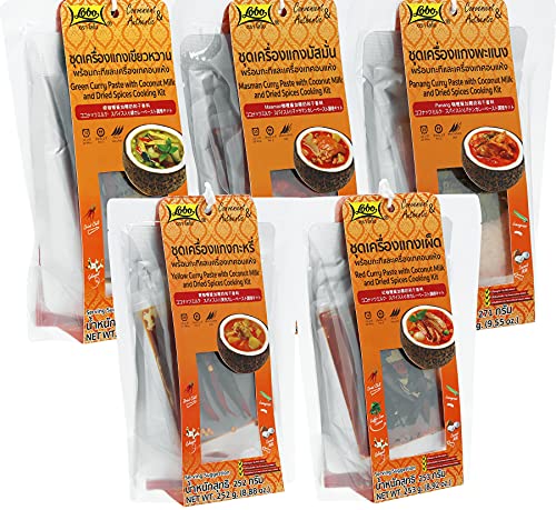 Generic Lobo Assorted Thai Curry Kits - Panang, Massaman, Green, Red and Yellow Curry Paste - With Coconut Milk and Spices to Make Curry Sauce in Your Kitchen - Authentic Thai Food at Home