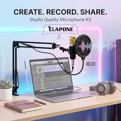 Image of CLAPONE Professional Condenser Microphone Kit with Boom Arm Stand, Pop Filter, Shock Mount, XLR Cable - Studio Recording Mic for YouTube, Podcast, Streaming, Voice Over