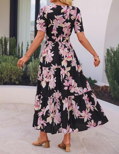 Image of ZESICA Women's 2026 Summer Spring Floral Boho Maxi Dresses Casual Short Sleeve V Neck A Line Flowy Beach Vacation Dress