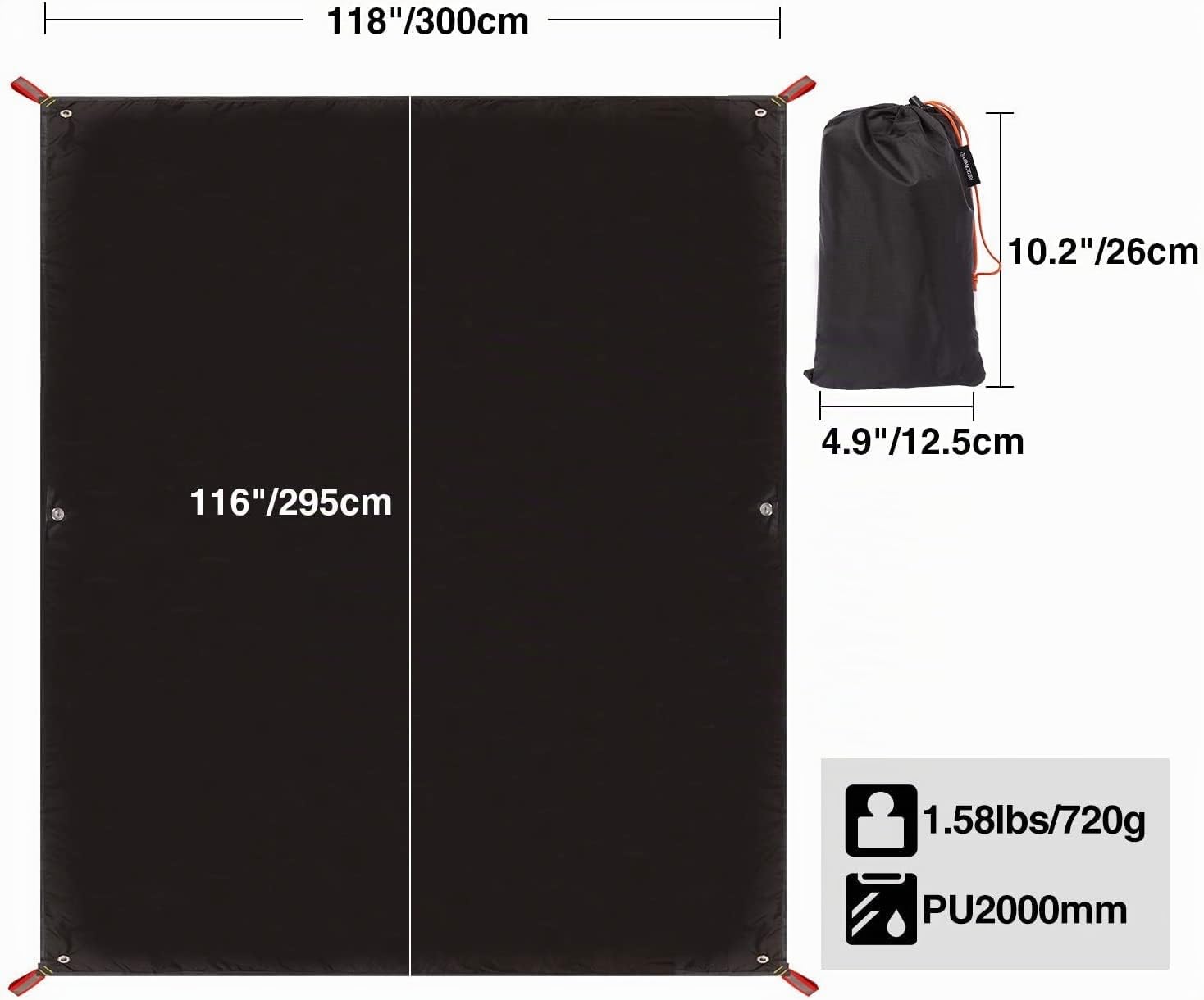 REDCAMP Grand tapis de sol imperméable ultraléger 300 x 295 cm pour camping randonnée