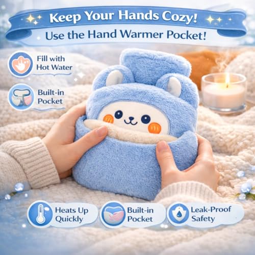 Image of Bunny Hot Water Bottle with Plush Cover & Hand Warmer Pocket 1000ML Leak-Proof Heating Bag for Pain Relief & Period Cramps, Hot & Cold Therapy for Injury, Back & Joint Pain, Muscle Relaxation (Baby Blue)