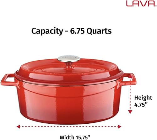 Miniatura 6 de LAVA - Horno holandés de hierro fundido de 6.75 cuartos de galón olla holandesa de forma ovalada multiusos con tres capas de esmalte recubiertas con