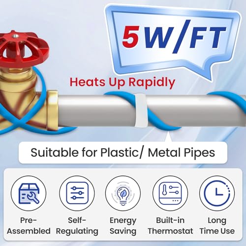 MAXKOSKO 40 Ft. 120 V Heating Cable for Pipe Freeze Protection, Self-Regulating Heat Tape for Water Pipes for Metal and Plastic Pipes, Energy-Saving Heat Trace Cable Keeps Water Flowing at -40 °F - Thumbnail 7