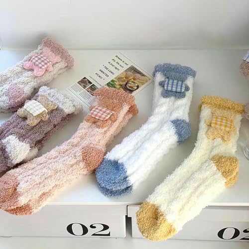 3 Pairs - Cartoon Bear Coral Velvet Postpartum Socks, Autumn and Winter Thick slee Floor Socks - White4