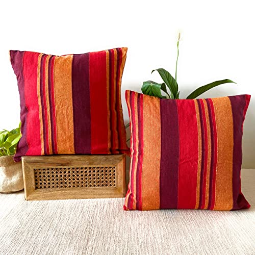 Image of RANGBHAR Handloom Cotton Cushion Covers with Concealed Top Zip, Striped /Solid Cushion Covers for Living Room, 16 x 16 inch, Red, Pack of 2