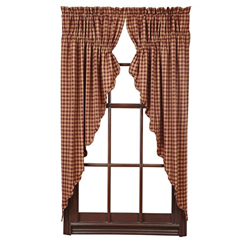 VHC Brands Burgundy Check Primitive 63x36x18 Prairie Panel Pair Red Rod Pocket Cotton Drawstring Ties Window Curtains