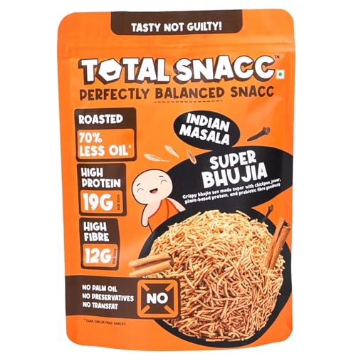 Image of TOTAL SNACC Roasted Bhujia Indian Masala 125g | High Protein 19g, High Fibre 12g | 70% Less Oil | No Palm Oil | Baked Bhujiya | Healthy Namkeen | High Protein Snacks | Diabetic Friendly | Millet Bhujia | Low Calorie