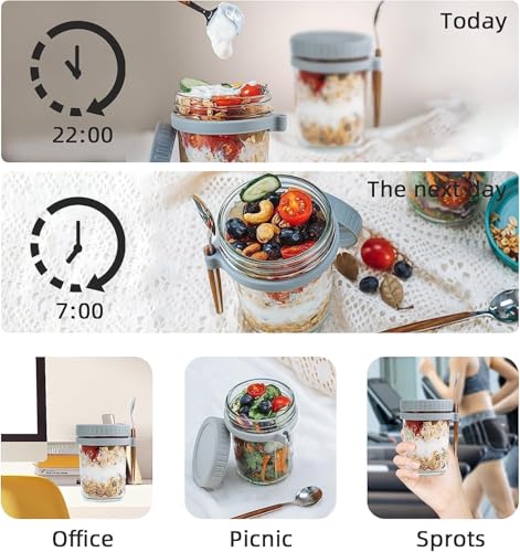 Image of E-COSMOS Overnight Oats Glass Jars with Lids and Spoons, 16 oz Large Airtight Cereal Containers, Portable Mason Jars for Yogurt, Fruit, and Meal Prep, Multicolor (350 ml)