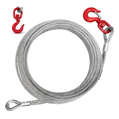 YATOINTO Galvanized Steel Winch Cable 3/8 Towing Cable Heavy Duty 13980LBS Breaking Strength with Swivel Hook 2T and 2 Aluminum Rings 6x19 Strand Core Steel Cable for Crane Tow Truck (50 FT)