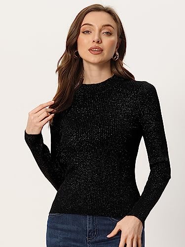 Allegra K Women's Long Sleeve Glitter Tops Mock Neck Ribbed Knit Top Slim Fit Basic Pullover Sweater Top2