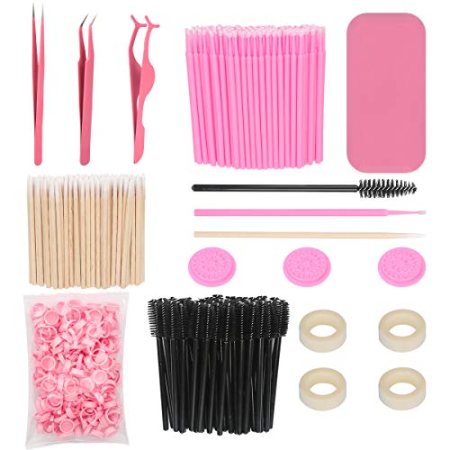 Eyelash Extension Supplies, including Lash Extension Tweezers Set, Disposable Eyelash Mascara Brush Wand, Micro Applicators Brush, Silicone Eyelash Pad, Glue Rings, Eyelash Tape, Eyelash Glue Gasket