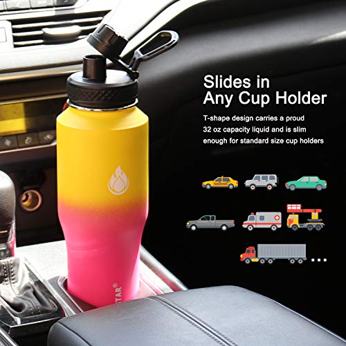 Image of SENDESTAR Water Bottle 32oz,2 Lids(Straw lid),Wide Mouth Stainless Steel Vacuum Insulated Double Wall Keep Liquids Cold or Hot All Day,Sweat Proof Sport Design,Fit Car Cup Holder(Yelow&Pink)