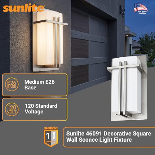 Image of Sunlite 46091 Decorative Square Wall Sconce Light Fixture, A19 Bulb, E26 Socket, 60 Watts Max, Indoor, Opal Shade, Stainless Steel Frame, Bathrooms, Hallways & Entryways
