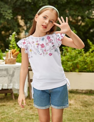 Image of Arshiner Girls T Shirts Ruffle Short Sleeve Ruched Knot Side Tunic Blouse Summer Tee Tops