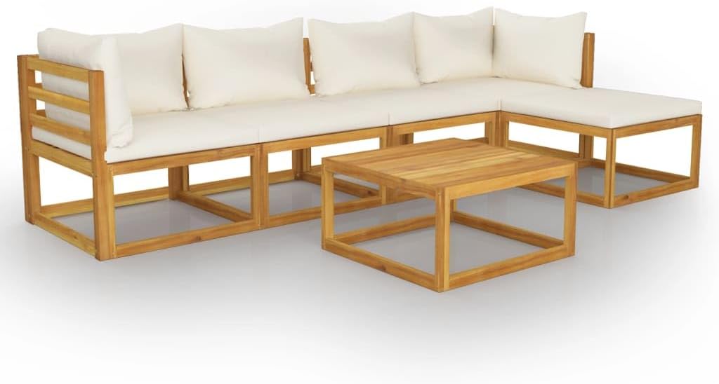 vidaXL Solid Acacia Wood Patio Lounge Set – 6 Piece Outdoor Furniture Set with Cushions and Coffee Table – Weather Modern Design – Cream