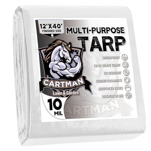 CARTMAN Finished Size 12x40 Feet 10 Mil White Heavy Duty Poly Tarp Multipurpose Protective Cover UV Resistant Waterproof Poly Tarpaulin with Reinforced Edges Tarpaulin with Reinforced Edges