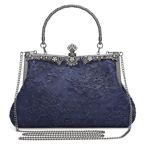 BAIGIO Clutch Damen 1920s Abendtaschen Damen Vintage Clutch Kleine Tasche Floral Elegant Handtasche Umhängetasche für Party Hochzeit Brauttasche Spitze Kettasche Navy