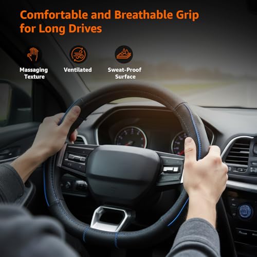 Image of Amazon Basics Leather Steering Wheel Cover (Medium - 38 cm) | Breathable, Non-Slip Polyvinyl Grip with Sporty Black Stitching & Easy Installation (Black and Blue)