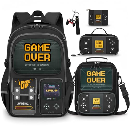 SZWNHS Boys Backpack with Lunch Box Set 4 PCS Gamer School Bookbag for Boys Gray Gaming Elementary Backpack Large Laptop Backpack for Kids & Teens