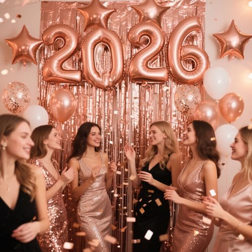 Image of JOJO FLY Rose Gold Graduation Decorations 2026, Rose Gold 2026 Balloons, Rose Gold and White Balloons Set, Foil Curtain, Graduation Balloons, Class of 2026