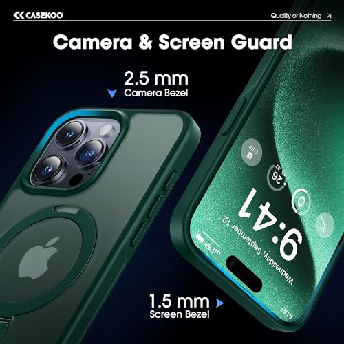 Image of CASEKOO Designed for iPhone 15 Pro Max Case with Magnetic Invisible Stand [Military Drop Protection] [Compatible with MagSafe] Shockproof Slim Translucent Matte Promax Case 6.7 Inch, Green