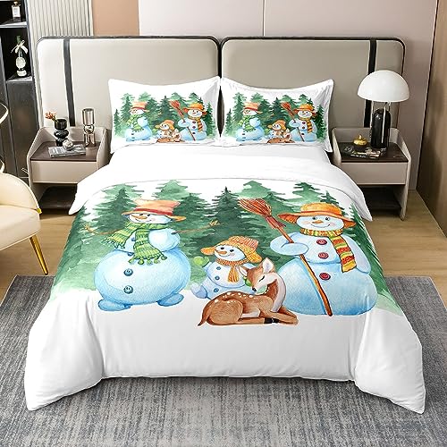 Homewish 100% Natural Cotton Boys Snowman Duvet Cover Double Kawaii Xmas Deer Bedding Set Girls Cartoon Comforter Cover Green Woodland Trees Bed Sets with 2 Pillowcases Bedroom Decor