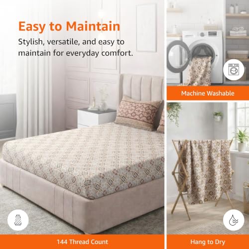 Image of Amazon Basics - 100% Cotton Fitted Bedsheet | 144TC |Fitted Queen Bed Sheet with 2 Pillow Cover|Soft Cotton | Floral Print | 78 Inch x 60 Inch - 8 Inch Drop, Brown