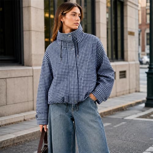 Women's Zipper Jackets Pullover Gingham Stand Collar Casual Bomber Jacket - image 6
