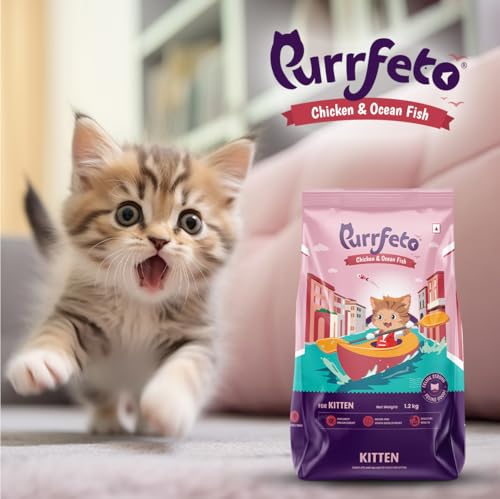 Image of Purrfeto Kitten Dry Cat Food | Chicken & Ocean Fish | 1.2 kg | 40% Reduction in Urinary Track Diseases |Promotes Brain & Vision Development | Enhances Immunity | Improves Digestive Health (Pack of 2)
