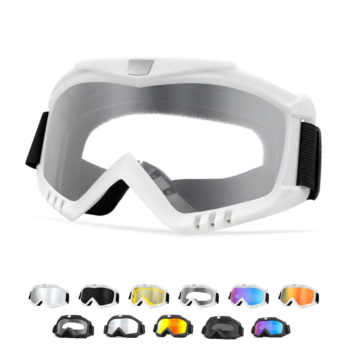 Yourkar Dirt Bike Goggles, Windproof ATV Off-Road Goggle, Wide Vision Riding Motorcycle Goggles, Motorcycle Accessories (White-Transparent)